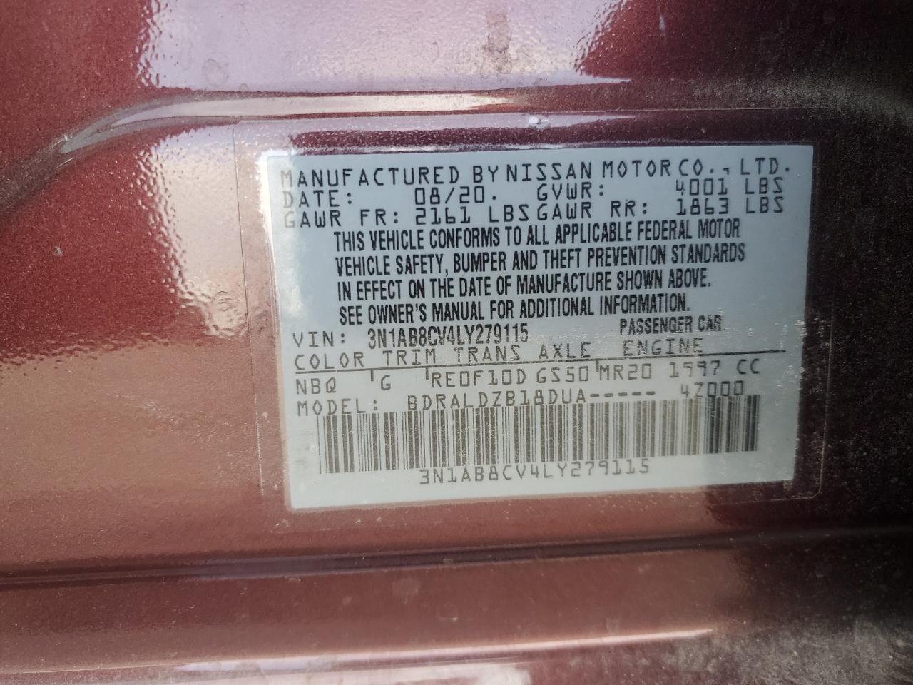2020 Nissan Sentra VIN 3N1AB8CV4LY279115 Copart auction photo, front end damage thumbnail 13