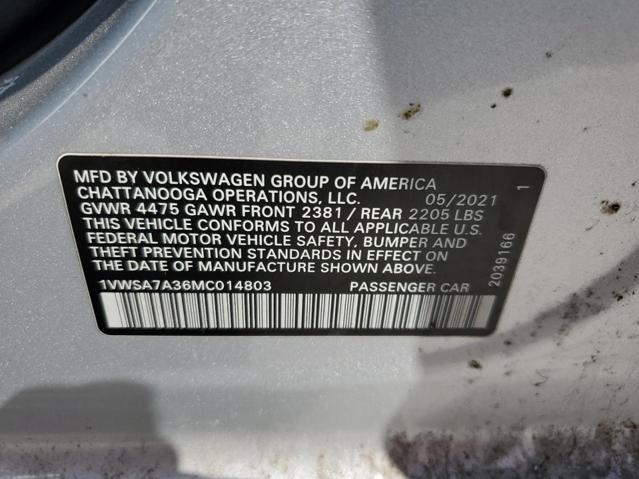 2021 Volkswagen Passat VIN 1VWSA7A36MC014803 Copart auction photo, all over damage thumbnail 12