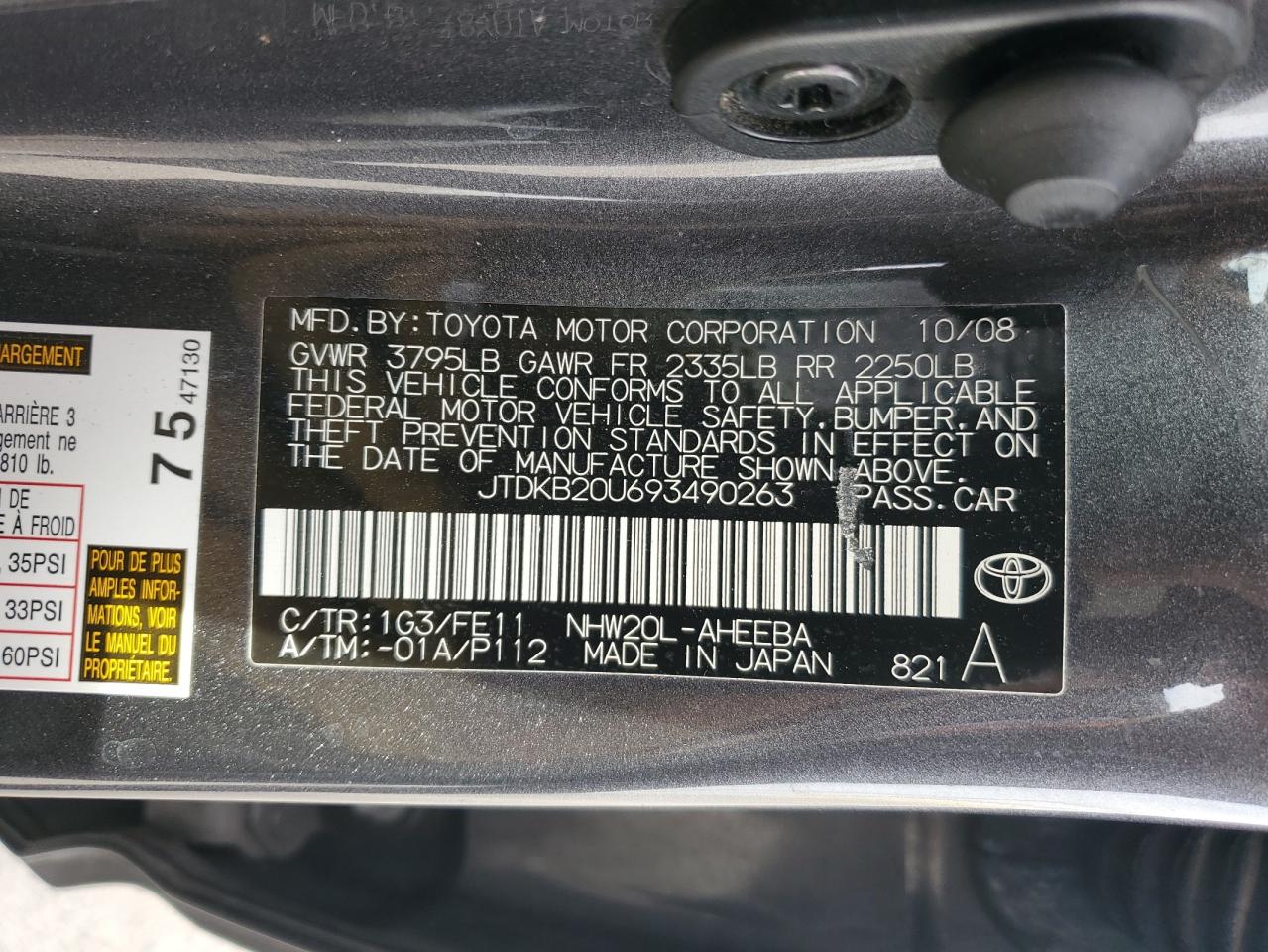 2009 Toyota Prius VIN JTDKB20U693490263 Copart auction photo, rear end damage thumbnail 13