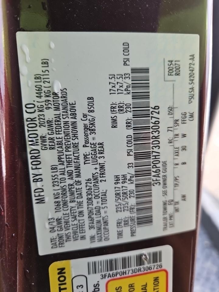2013 Ford Fusion VIN 3FA6P0H73DR306726 Copart auction photo, front end damage thumbnail 13