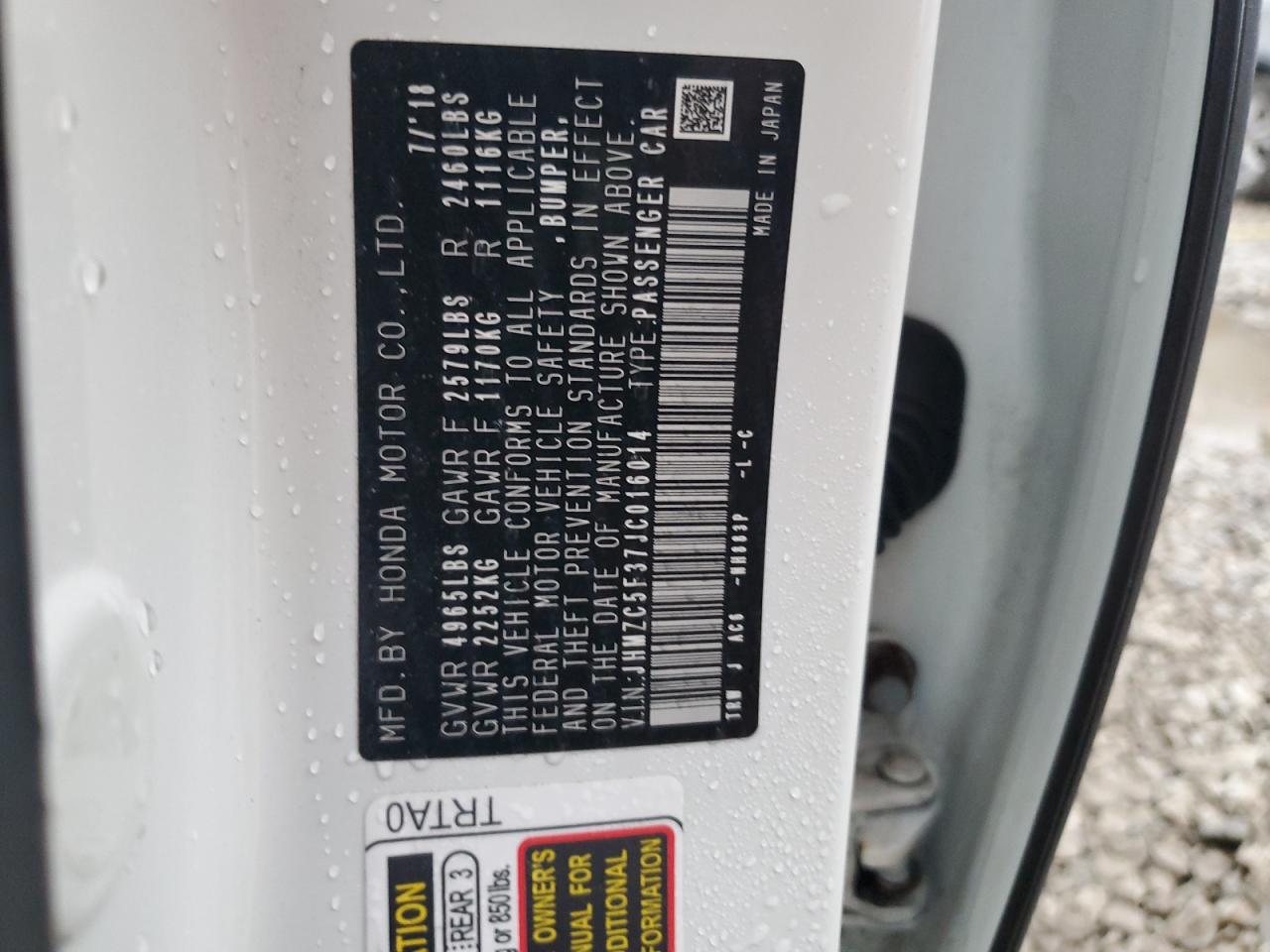 2018 Honda Clarity VIN JHMZC5F37JC016014 Copart auction photo, side / rear end damage thumbnail 12