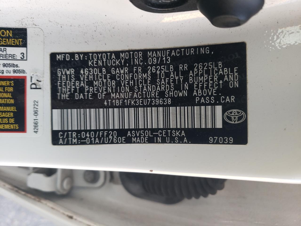 2014 Toyota Camry VIN 4T1BF1FK3EU739638 Copart auction photo, front end / side damage thumbnail 12