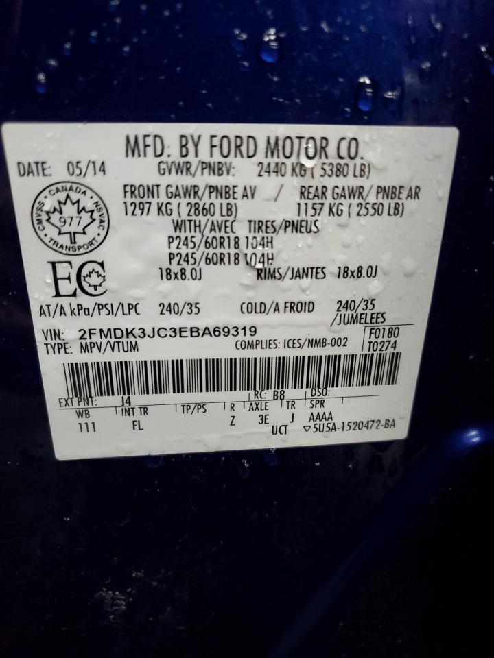 2014 Ford Edge VIN 2FMDK3JC3EBA69319 Copart auction photo, front end / minor dent/scratches damage thumbnail 13