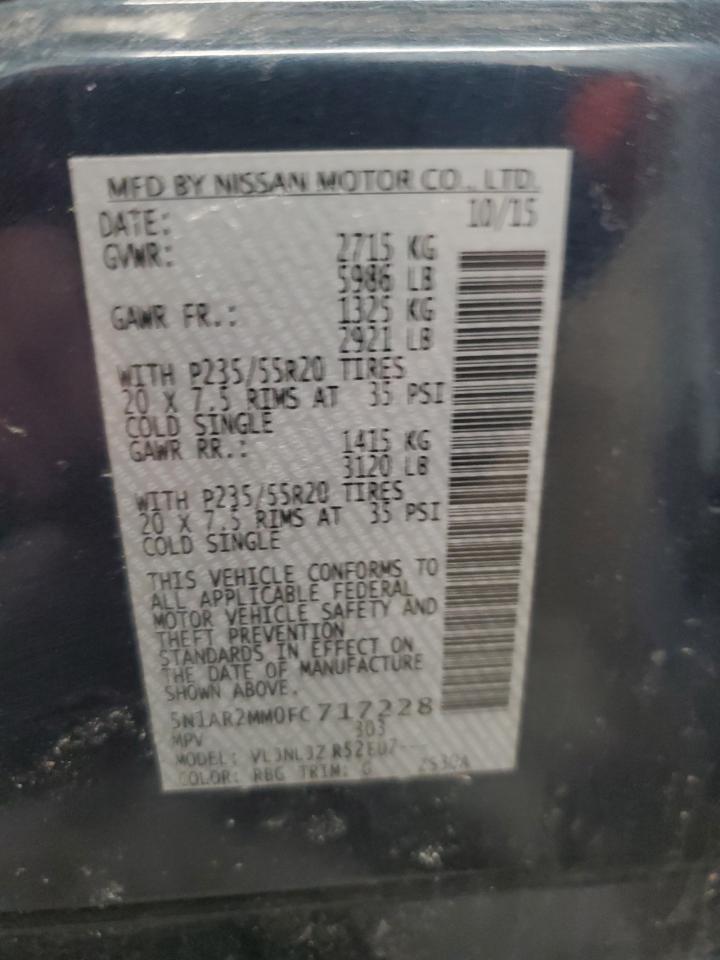 2015 Nissan Pathfinder VIN 5N1AR2MM0FC717228 Copart auction photo, front end / minor dent/scratches damage thumbnail 13
