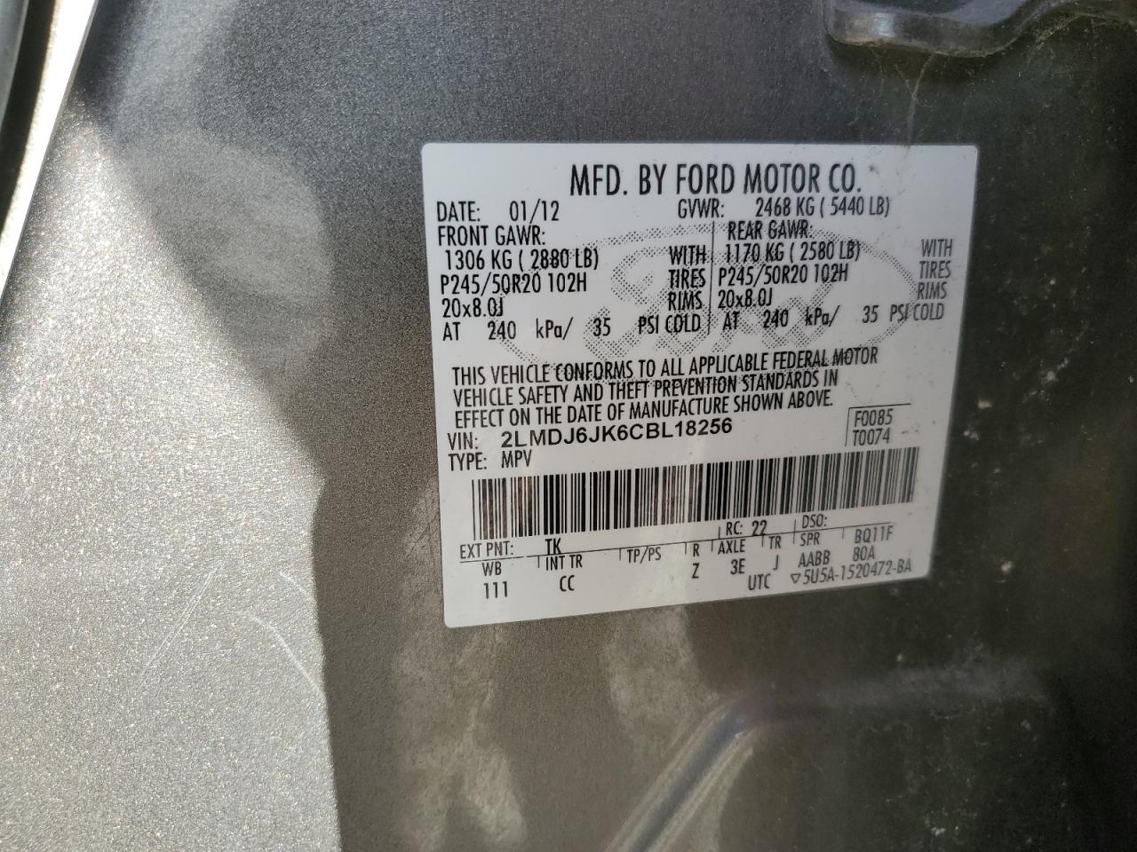 2012 Lincoln MKX VIN 2LMDJ6JK6CBL18256 Copart auction photo, minor dent/scratches / undercarriage damage thumbnail 13