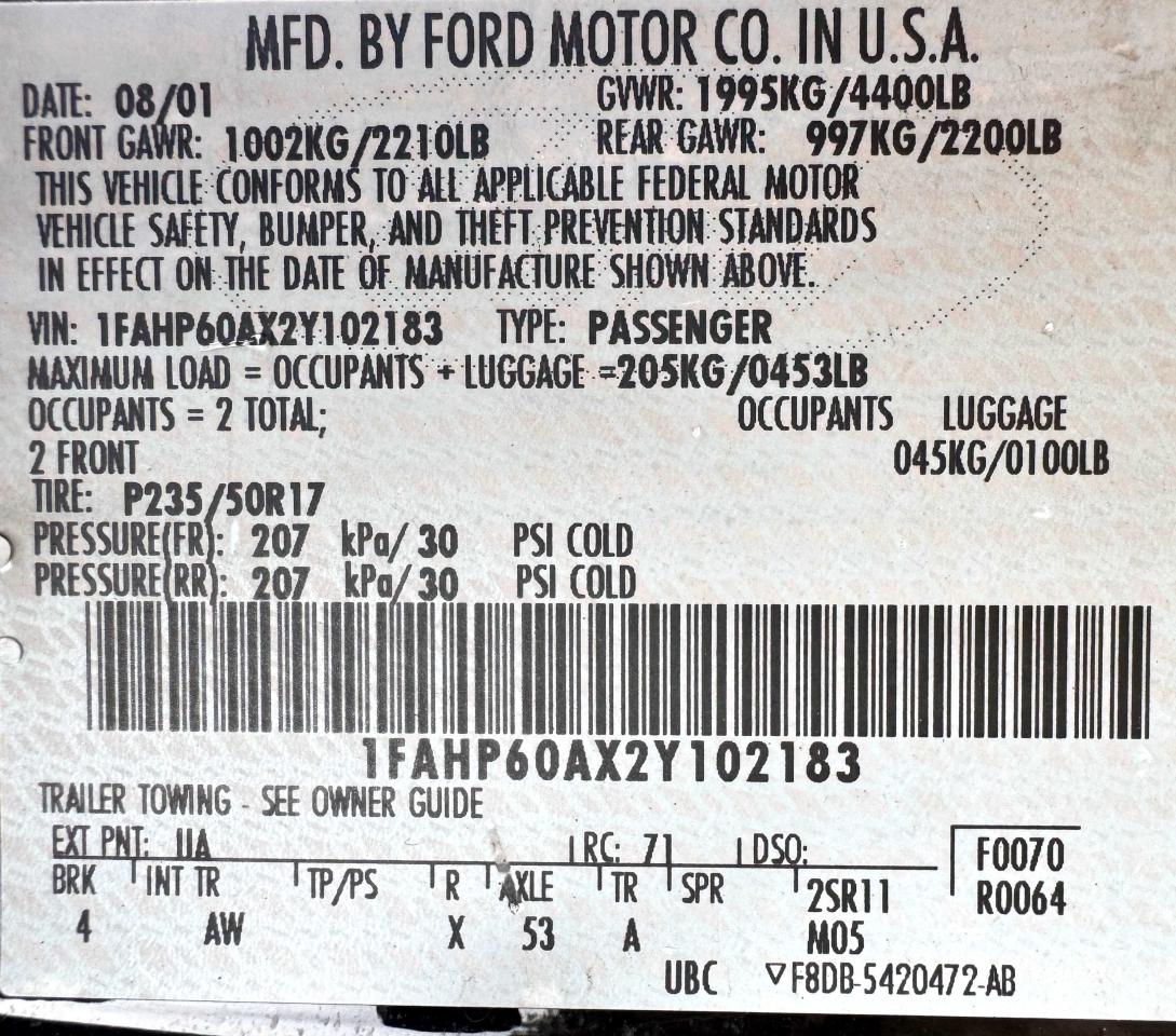 2002 Ford Thunderbird VIN 1FAHP60AX2Y102183 Copart auction photo, minor dent/scratches / normal wear damage thumbnail 10