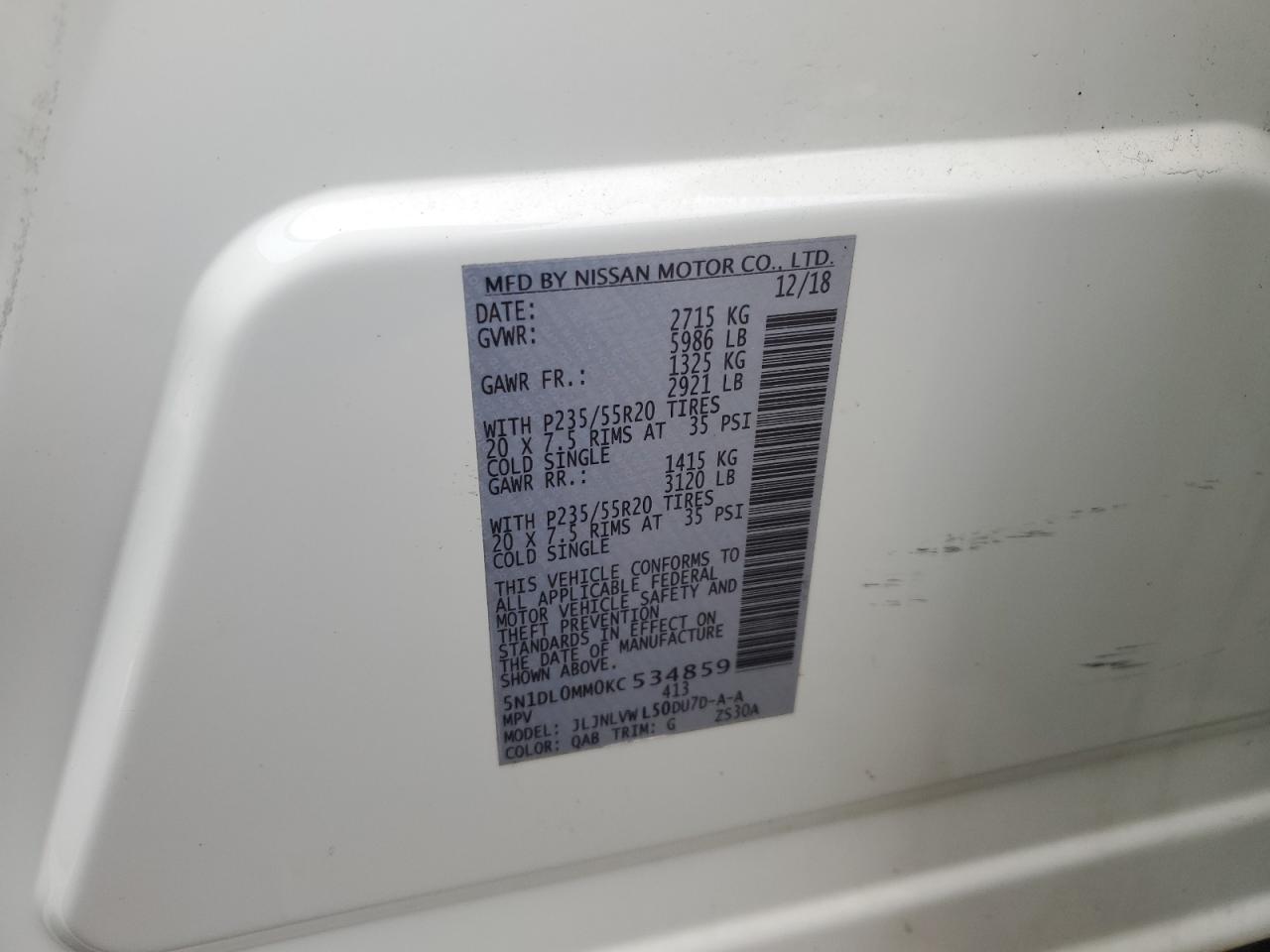 2019 Infiniti QX60 VIN 5N1DL0MM0KC534859 Copart auction photo, rear end / side damage thumbnail 13