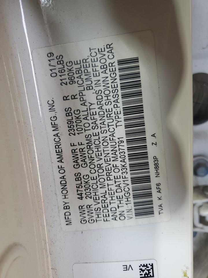 2019 Honda Accord VIN 1HGCV1F33KA037791 Copart auction photo, rear end / minor dent/scratches damage thumbnail 14