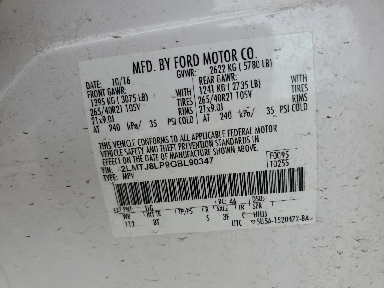 2016 Lincoln MKX VIN 2LMTJ8LP9GBL90347 Copart auction photo, normal wear damage thumbnail 13
