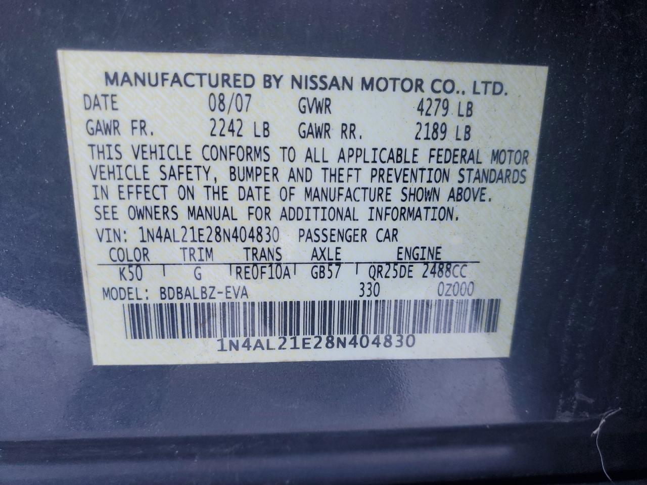 2008 Nissan Altima VIN 1N4AL21E28N404830 Copart auction photo, rear end damage thumbnail 13