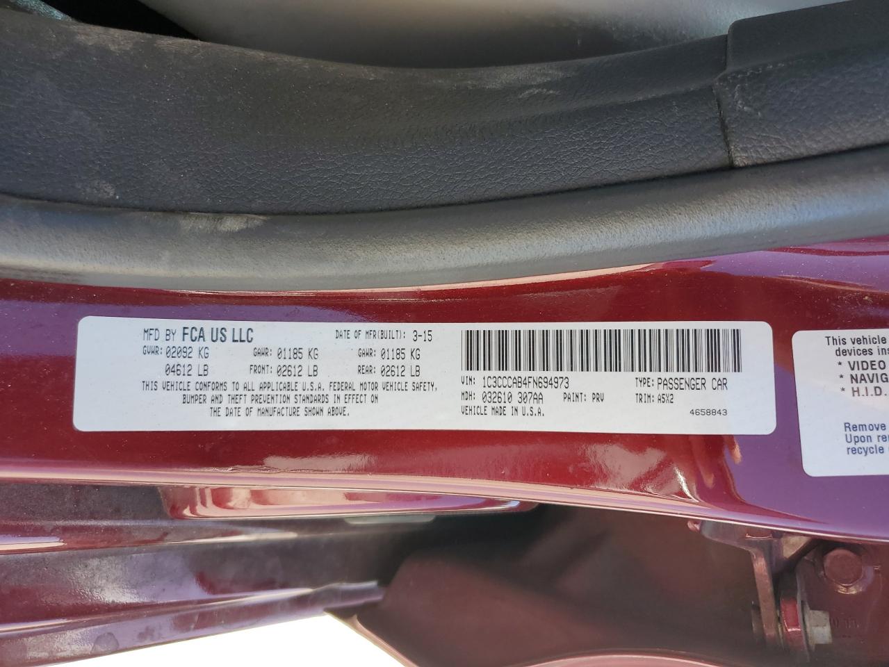 2015 Chrysler 200 VIN 1C3CCCAB4FN694973 Copart auction photo, front end / minor dent/scratches damage thumbnail 15