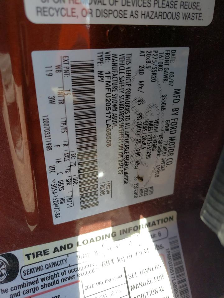 2007 Ford Expedition VIN 1FMFU20517LA68558 Copart auction photo, side / front end damage thumbnail 13