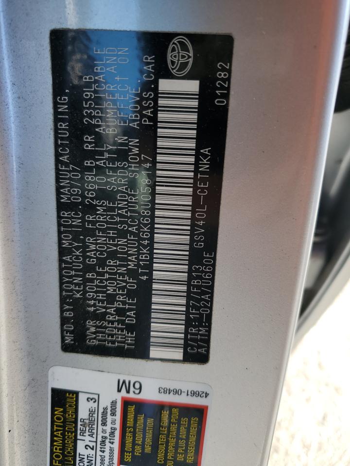 2008 Toyota Camry VIN 4T1BK46K68U058147 Copart auction photo, side / undercarriage damage thumbnail 14