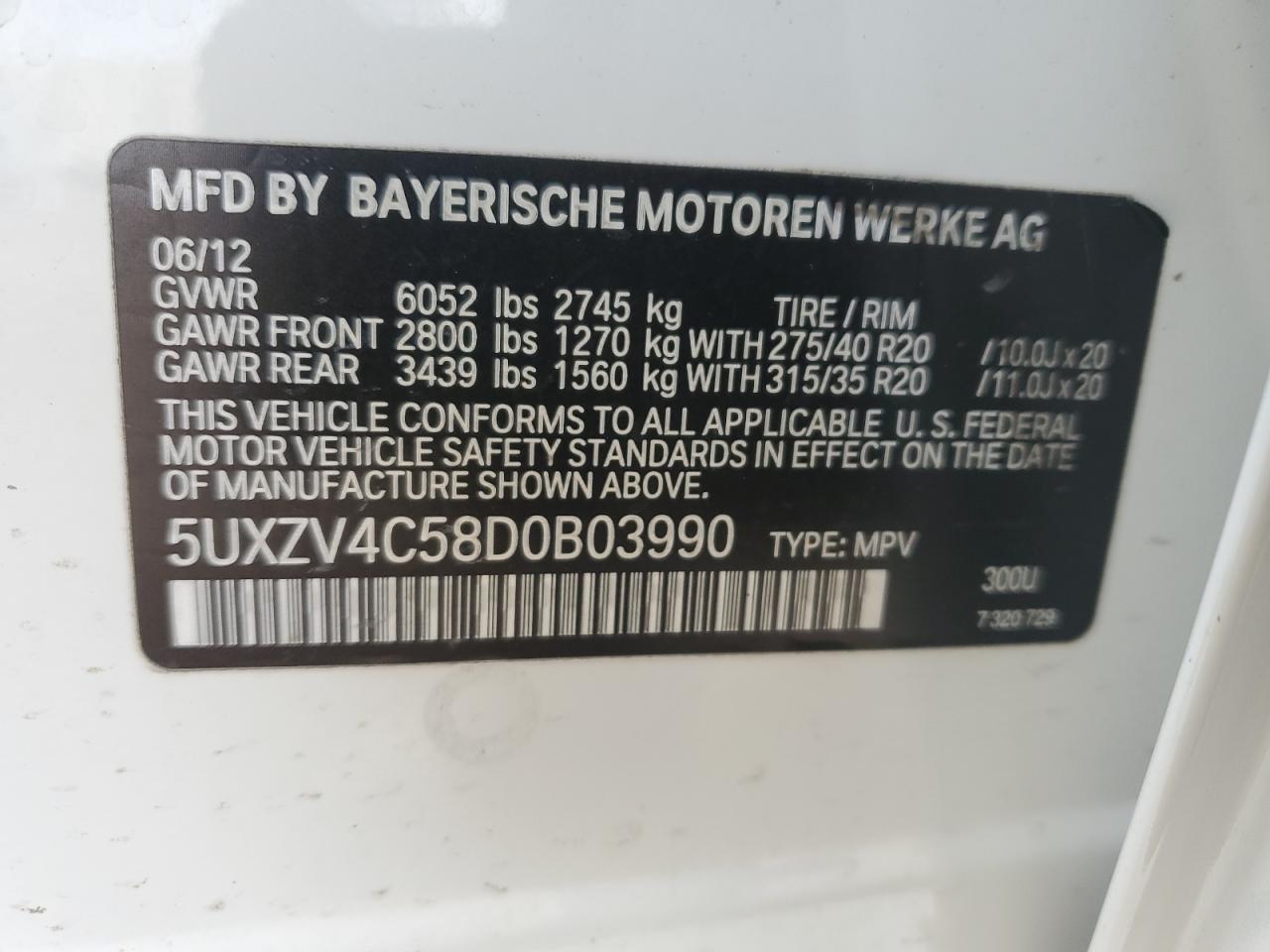 2013 BMW X5 VIN 5UXZV4C58D0B03990 Copart auction photo, rear end / side damage thumbnail 13