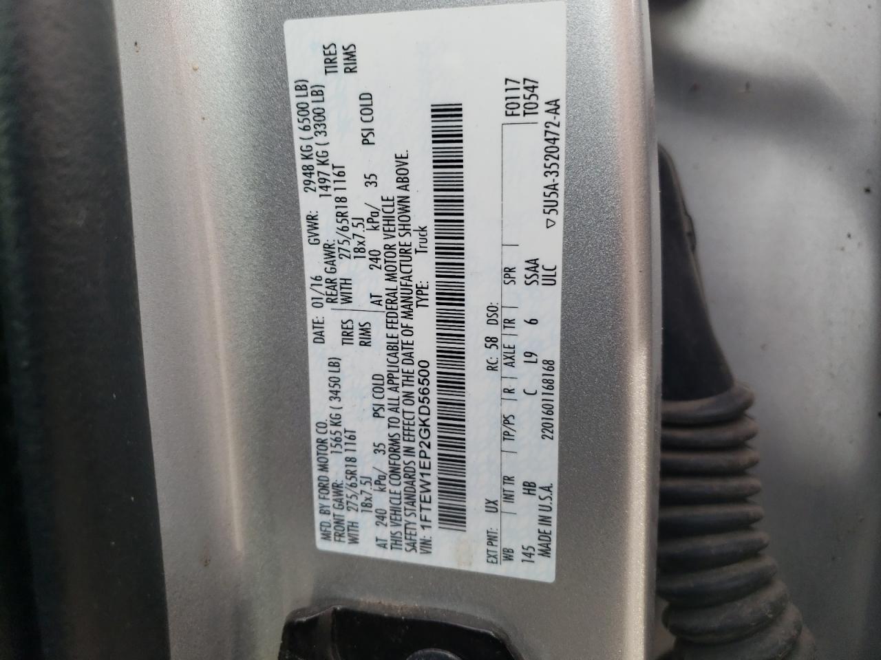 2016 Ford F-150 VIN 1FTEW1EP2GKD56500 Copart auction photo, all over damage thumbnail 12