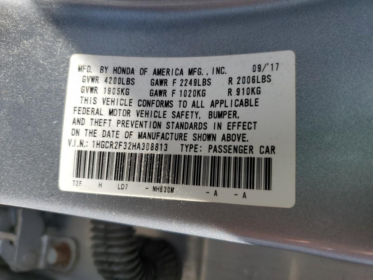 2017 Honda Accord VIN 1HGCR2F32HA308813 Copart auction photo, front end damage thumbnail 12