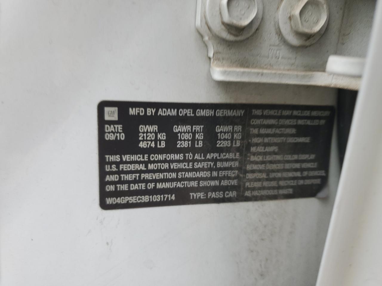 2011 Buick Regal VIN W04GP5EC3B1031714 Copart auction photo, hail / minor dent/scratches damage thumbnail 12
