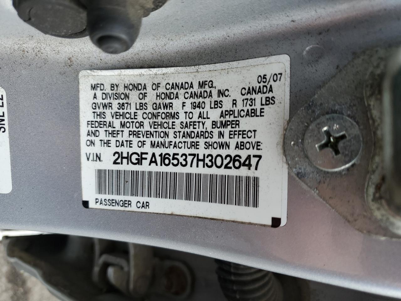 2007 Honda Civic VIN 2HGFA16537H302647 Copart auction photo, front end / minor dent/scratches damage thumbnail 12