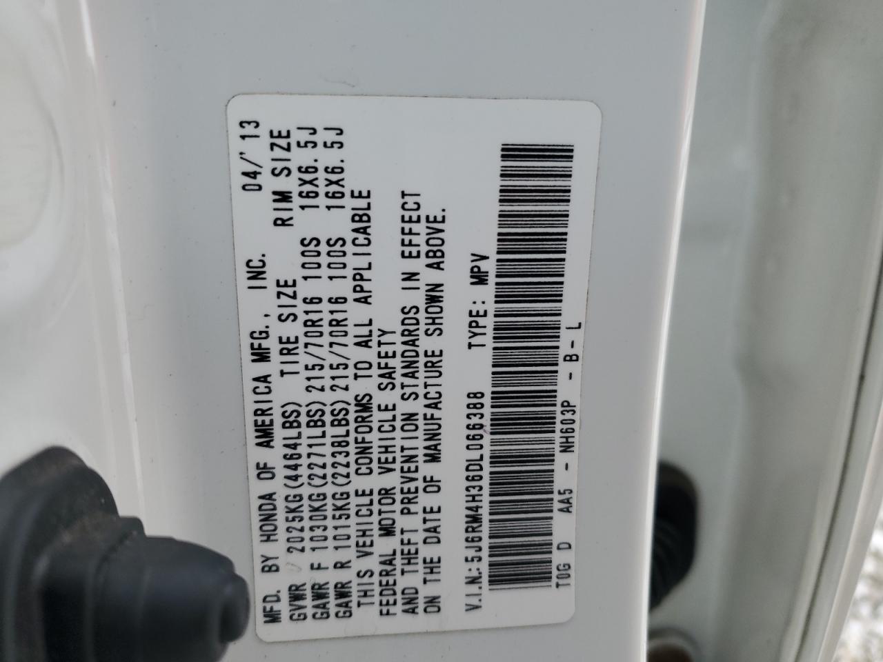 2013 Honda CR-V VIN 5J6RM4H36DL066388 Copart auction photo, front end damage thumbnail 14