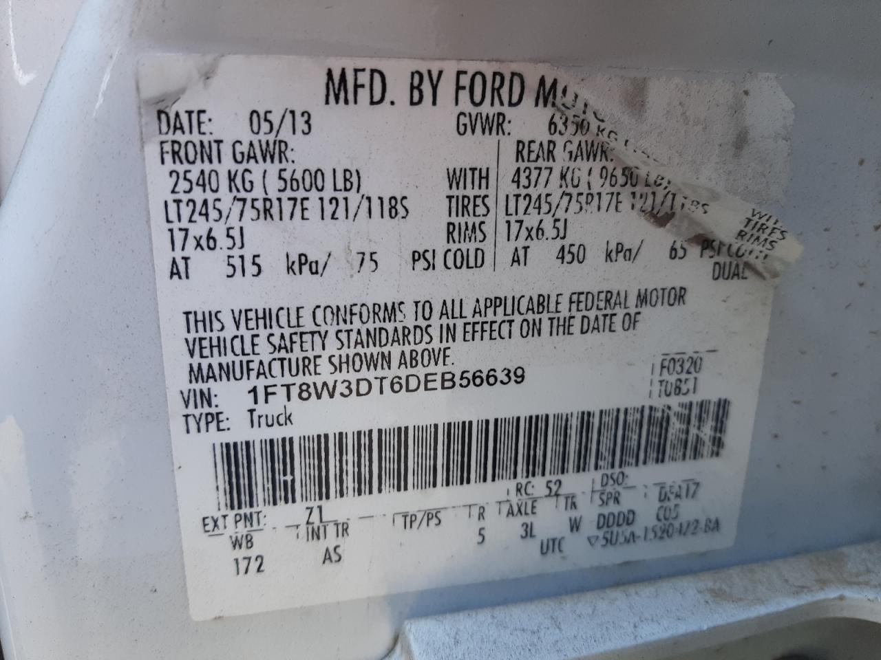 2013 Ford F350 VIN 1FT8W3DT6DEB56639 Copart auction photo, side / rear end damage thumbnail 12