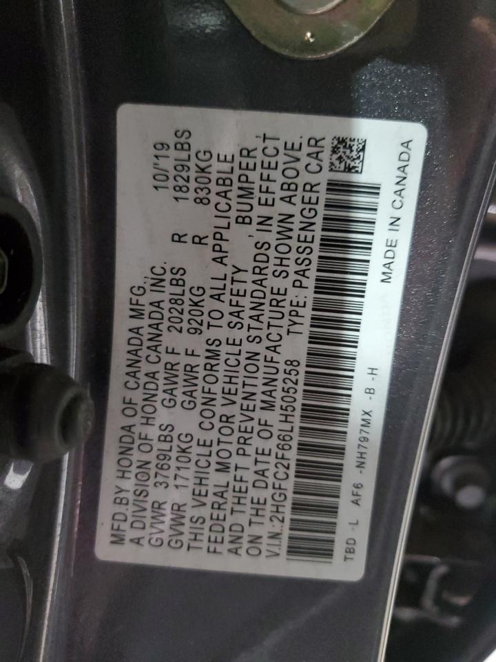 2020 Honda Civic VIN 2HGFC2F66LH505258 Copart auction photo, front end / minor dent/scratches damage thumbnail 13