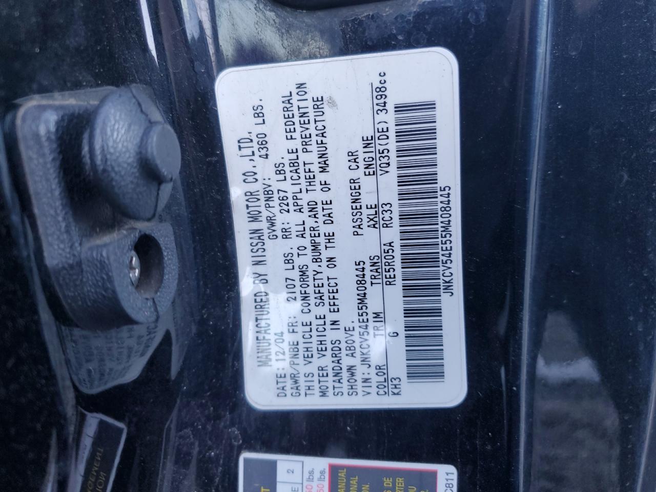2005 Infiniti G VIN JNKCV54E55M408445 Copart auction photo, all over damage thumbnail 12