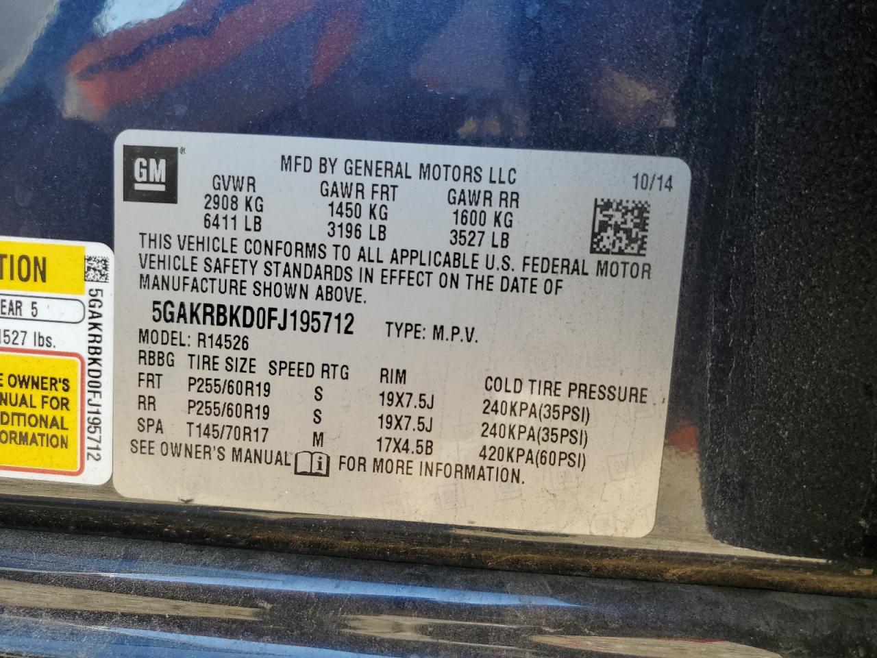 2015 Buick Enclave VIN 5GAKRBKD0FJ195712 Copart auction photo, rollover damage thumbnail 16
