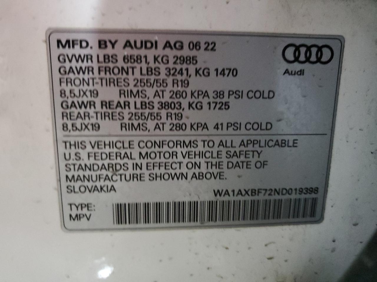 2022 Audi Q7 VIN WA1AXBF72ND019398 Copart auction photo, front end / side damage thumbnail 15