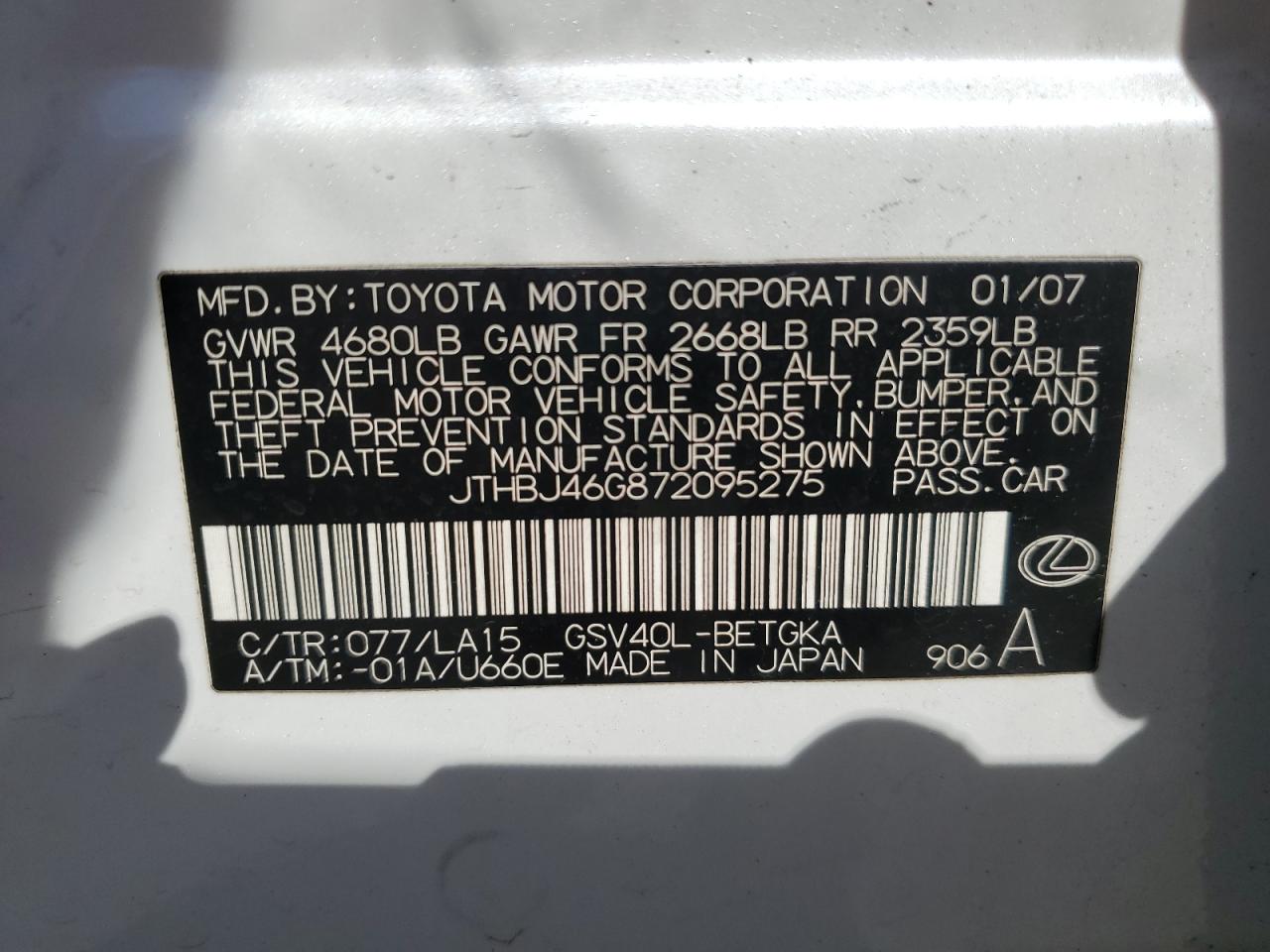 2007 Lexus ES VIN JTHBJ46G872095275 Copart auction photo, mechanical damage thumbnail 12