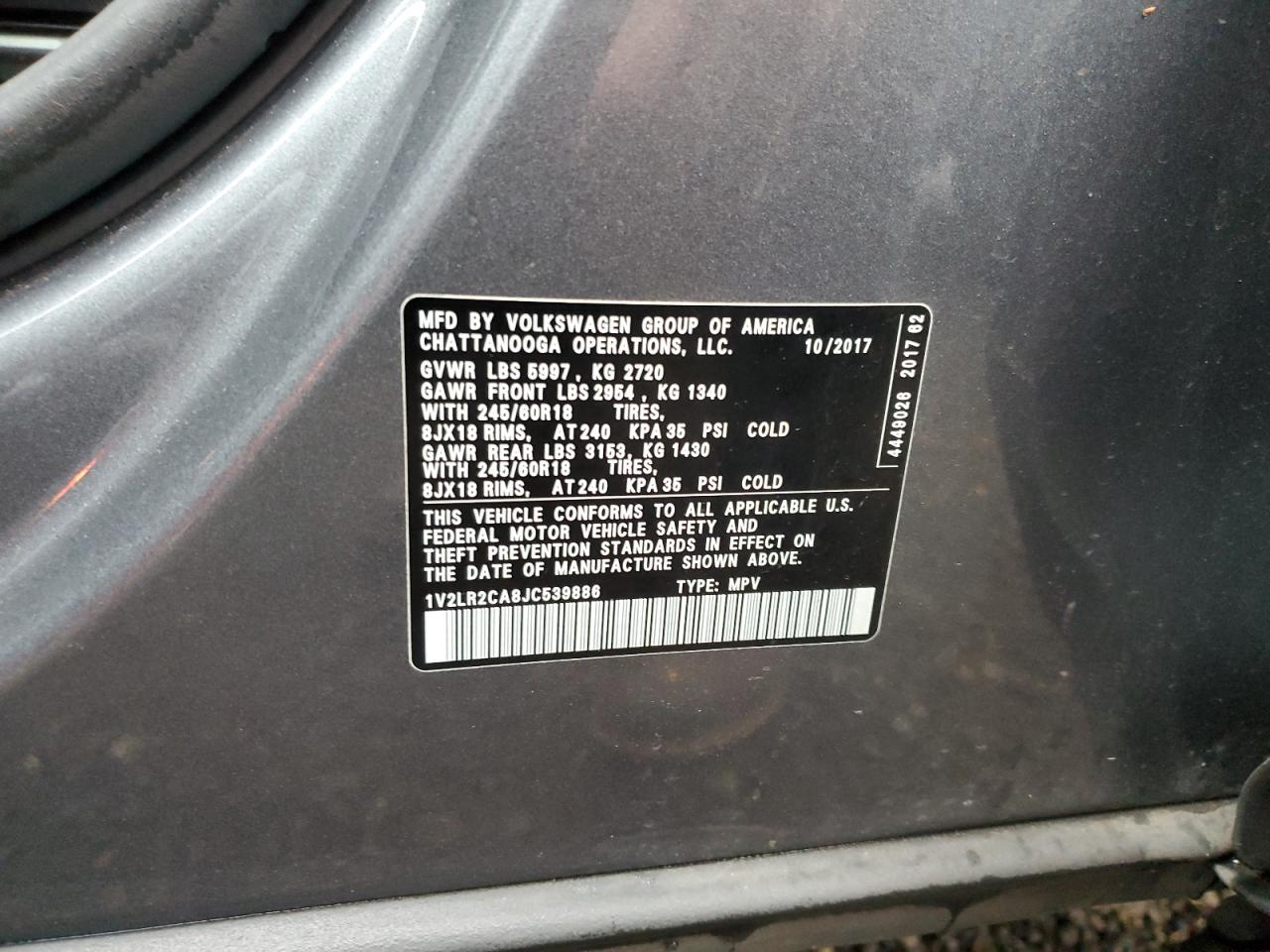 2018 Volkswagen Atlas VIN 1V2LR2CA8JC539886 Copart auction photo, front end damage thumbnail 13