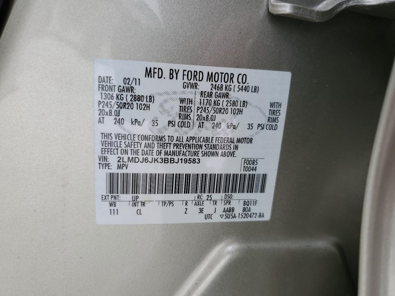 2011 Lincoln MKX VIN 2LMDJ6JK3BBJ19583 Copart auction photo, front end damage thumbnail 13
