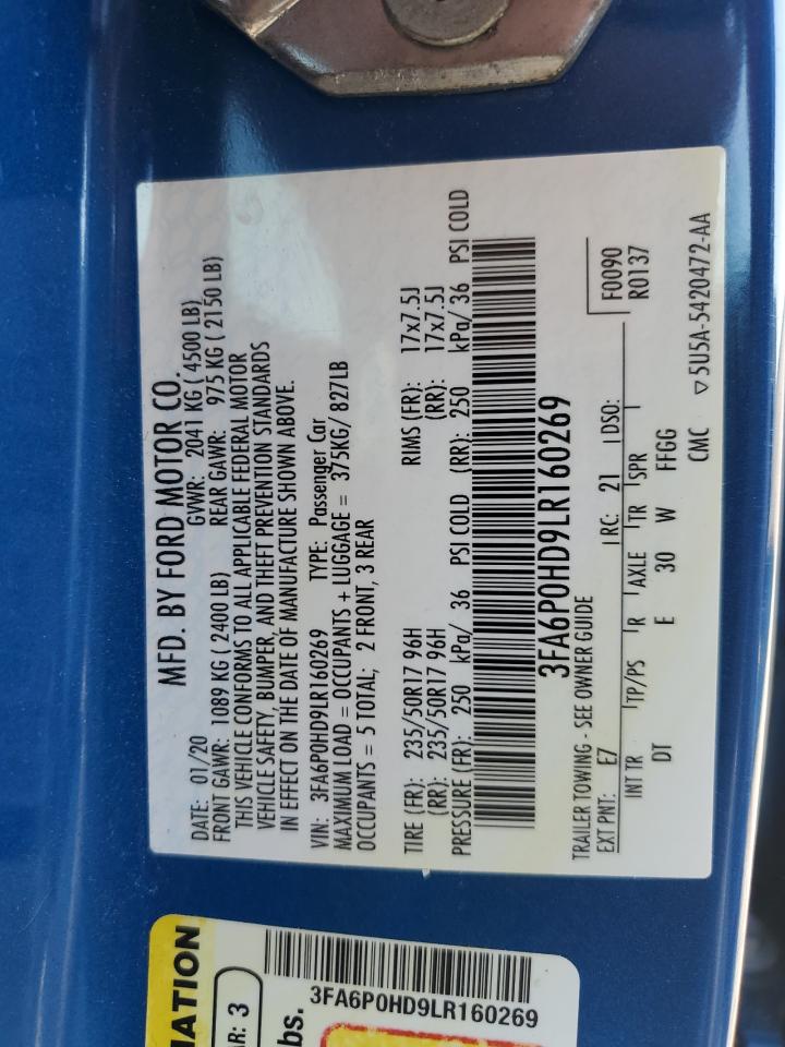2020 Ford Fusion VIN 3FA6P0HD9LR160269 Copart auction photo, rear end damage thumbnail 12