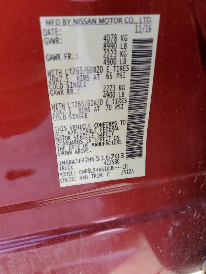 2017 Nissan Titan VIN 1N6BA1F42HN516703 Copart auction photo, hail damage thumbnail 12