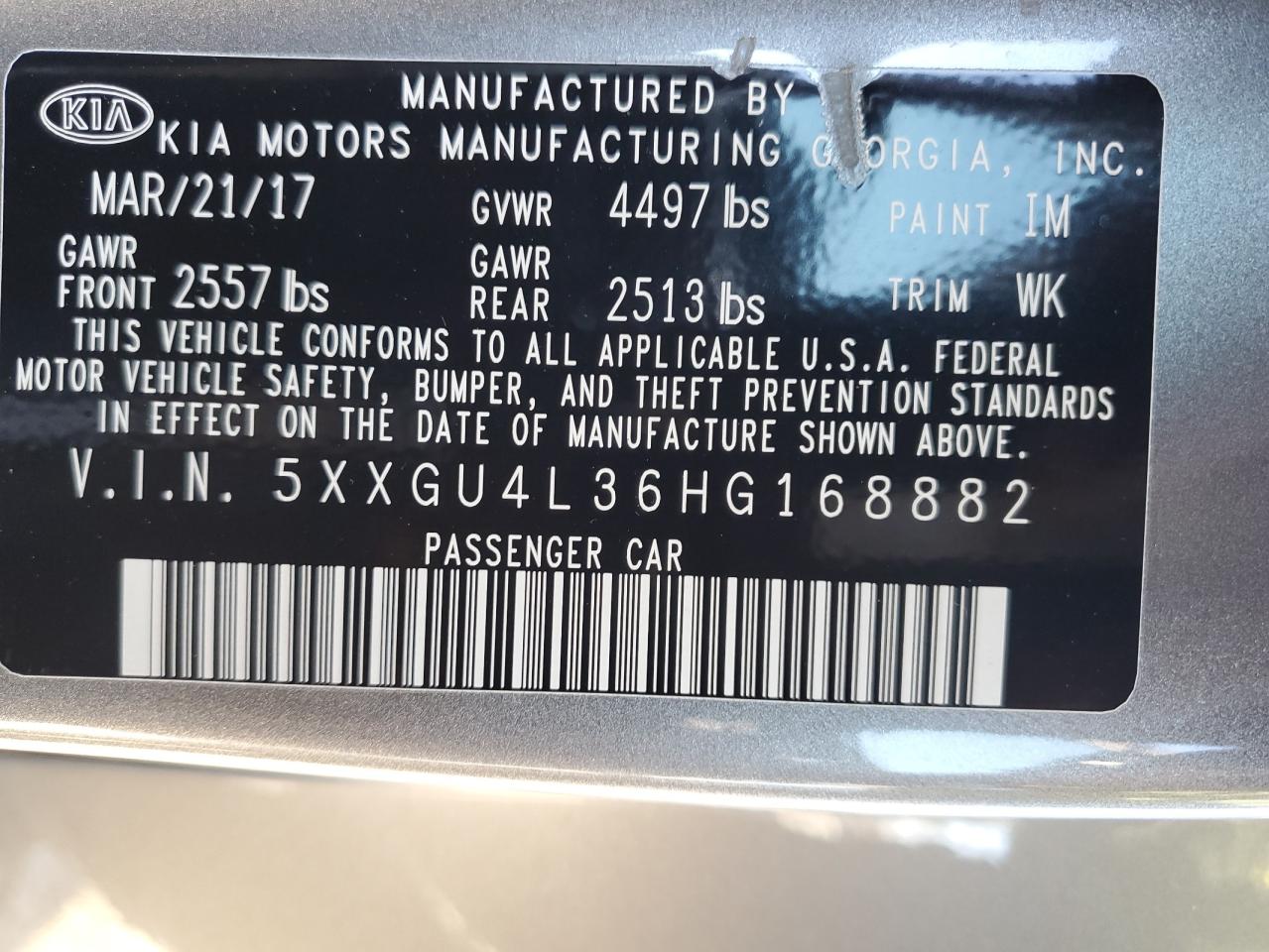 2017 KIA Optima VIN 5XXGU4L36HG168882 Copart auction photo, rear end damage thumbnail 12