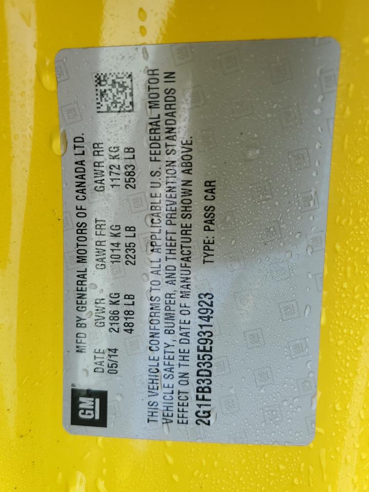 2014 Chevrolet Camaro VIN 2G1FB3D35E9314923 Copart auction photo, water/flood damage thumbnail 12