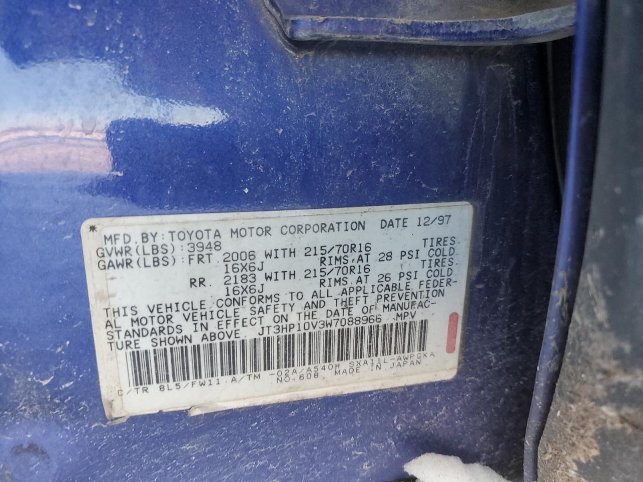 1998 Toyota RAV 4 VIN JT3HP10V3W7088966 Copart auction photo, rear end / front end damage thumbnail 14