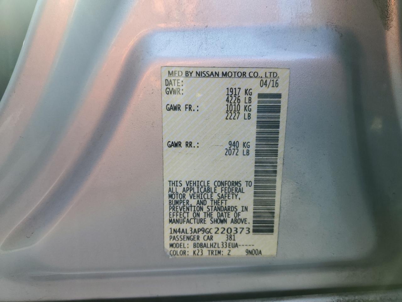 2016 Nissan Altima VIN 1N4AL3AP9GC220373 Copart auction photo, rear end / side damage thumbnail 12
