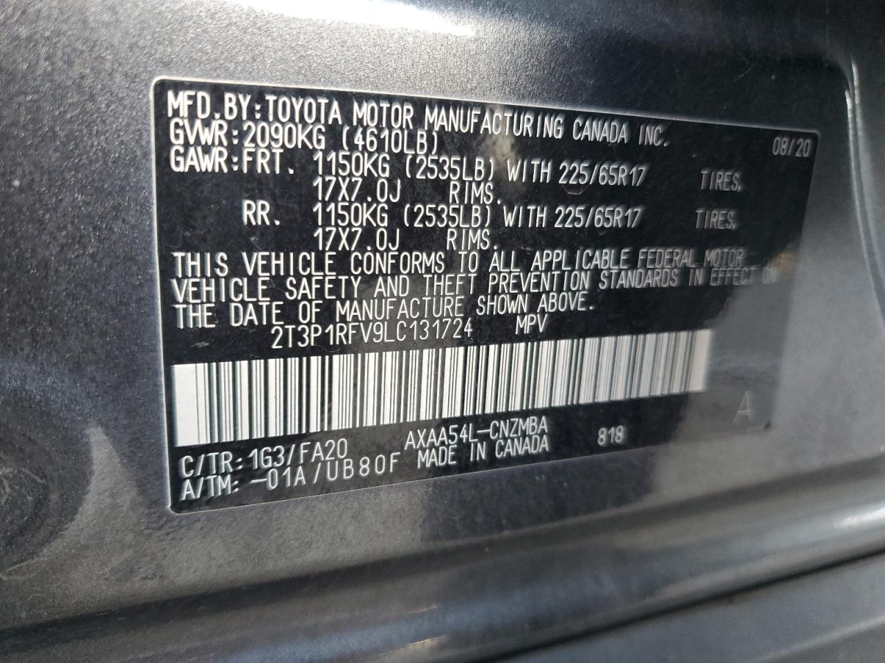 2020 Toyota RAV 4 VIN 2T3P1RFV9LC131724 Copart auction photo, front end damage thumbnail 16
