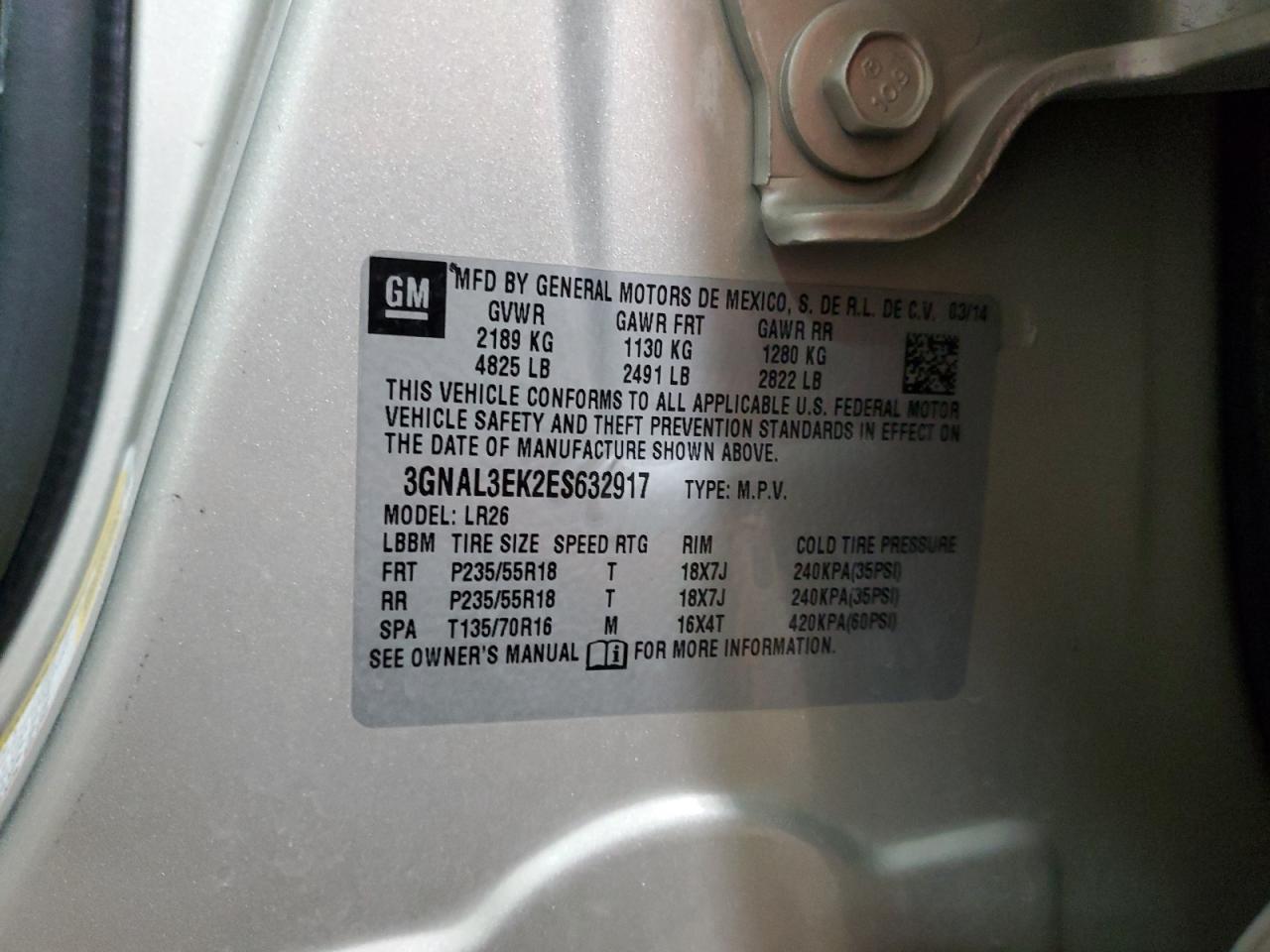 2014 Chevrolet Captiva VIN 3GNAL3EK2ES632917 Copart auction photo, front end damage thumbnail 14