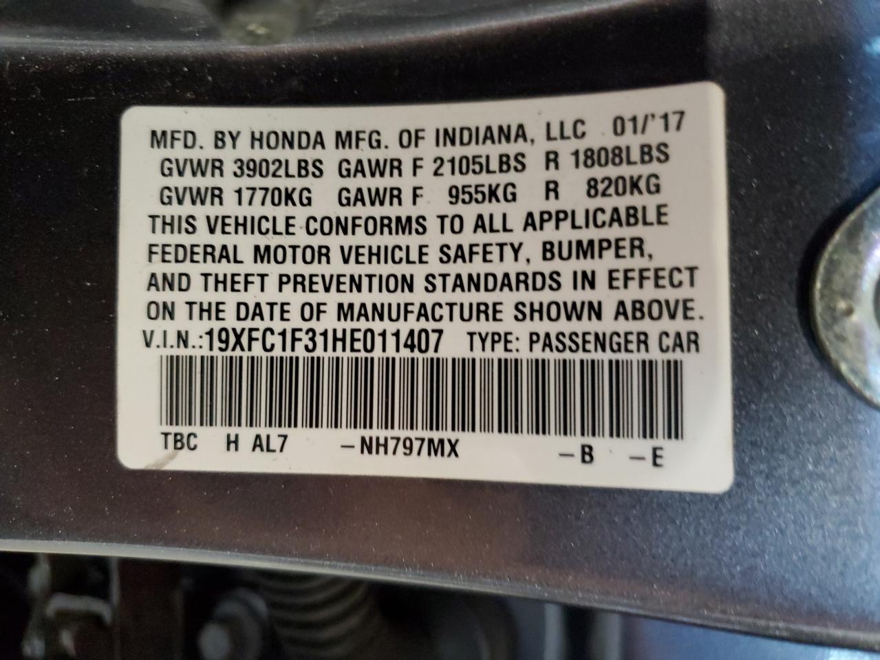 2017 Honda Civic VIN 19XFC1F31HE011407 Copart auction photo, all over damage thumbnail 14