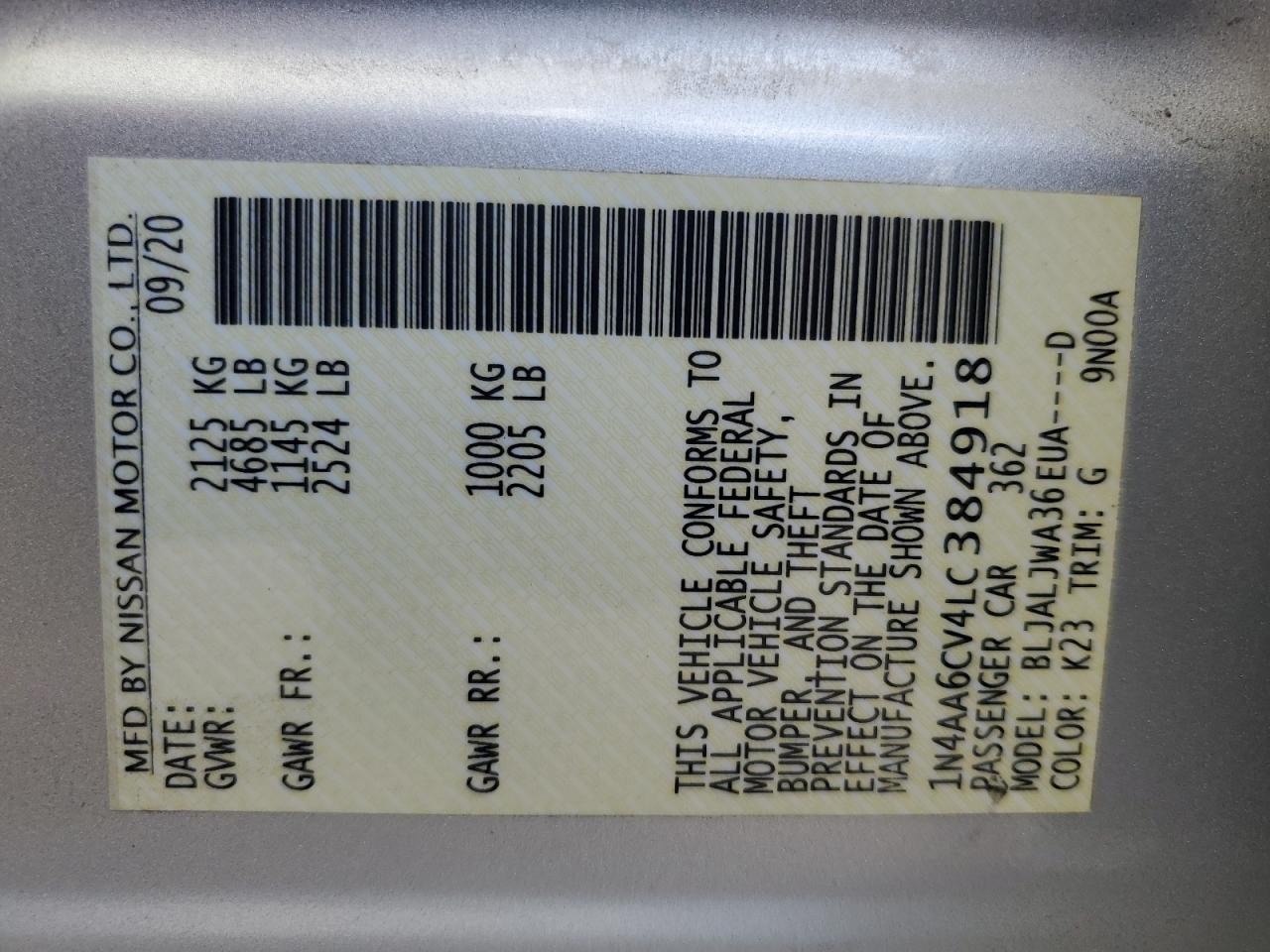 2020 Nissan Maxima VIN 1N4AA6CV4LC384918 Copart auction photo, front end / minor dent/scratches damage thumbnail 12