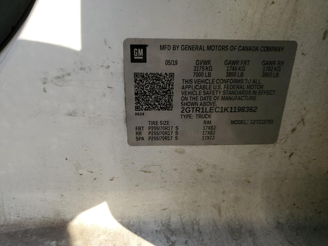 2019 GMC Sierra VIN 2GTR1LEC1K1198362 Copart auction photo, mechanical / minor dent/scratches damage thumbnail 12