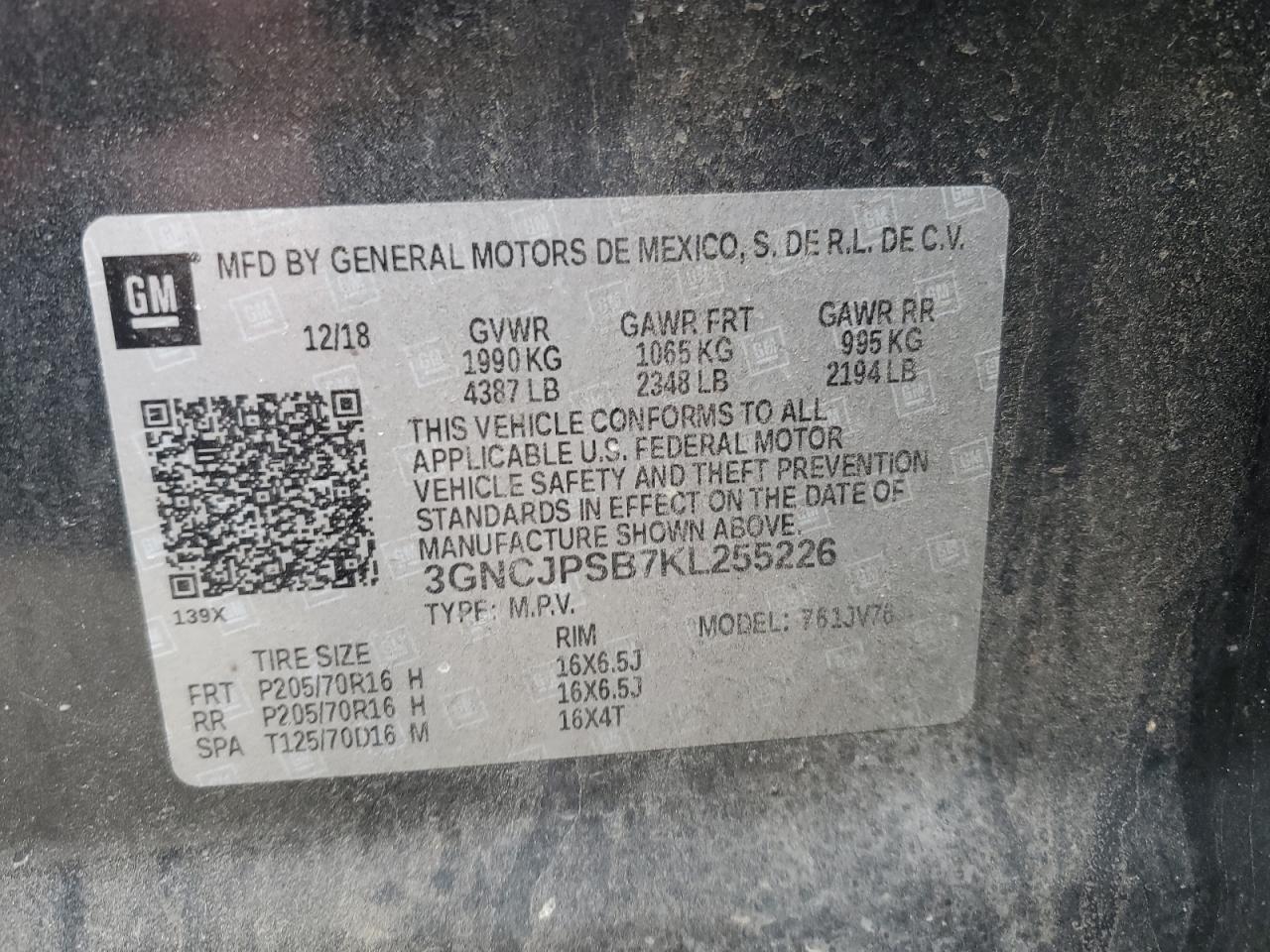 2019 Chevrolet Trax VIN 3GNCJPSB7KL255226 Copart auction photo, front end / side damage thumbnail 14