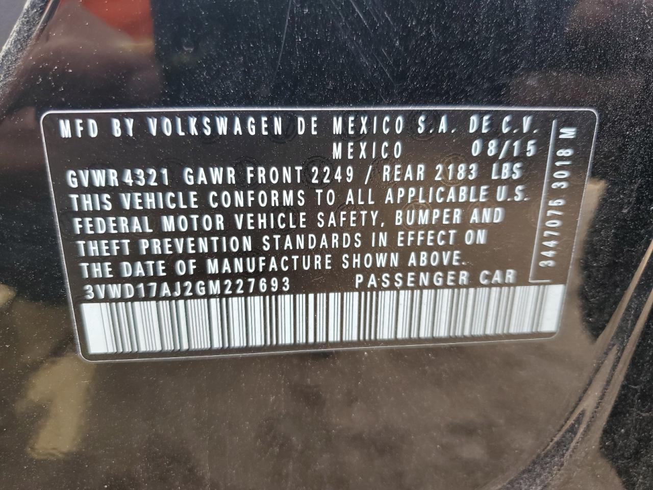 2016 Volkswagen Jetta VIN 3VWD17AJ2GM227693 Copart auction photo, side damage thumbnail 12