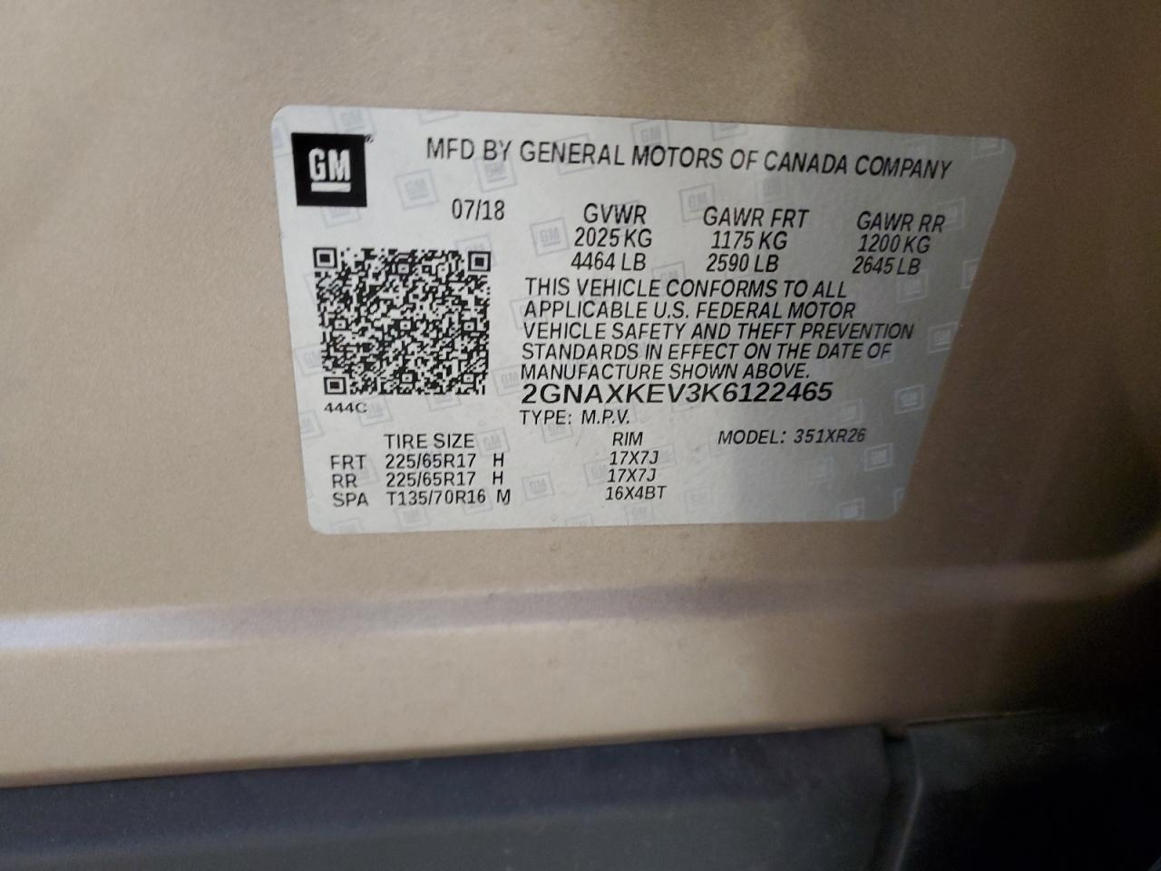 2019 Chevrolet Equinox VIN 2GNAXKEV3K6122465 Copart auction photo, rear end damage thumbnail 13