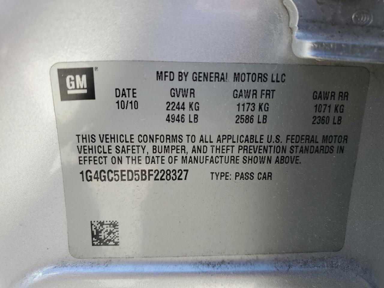 2011 Buick LaCrosse VIN 1G4GC5ED5BF228327 Copart auction photo, side / front end damage thumbnail 14