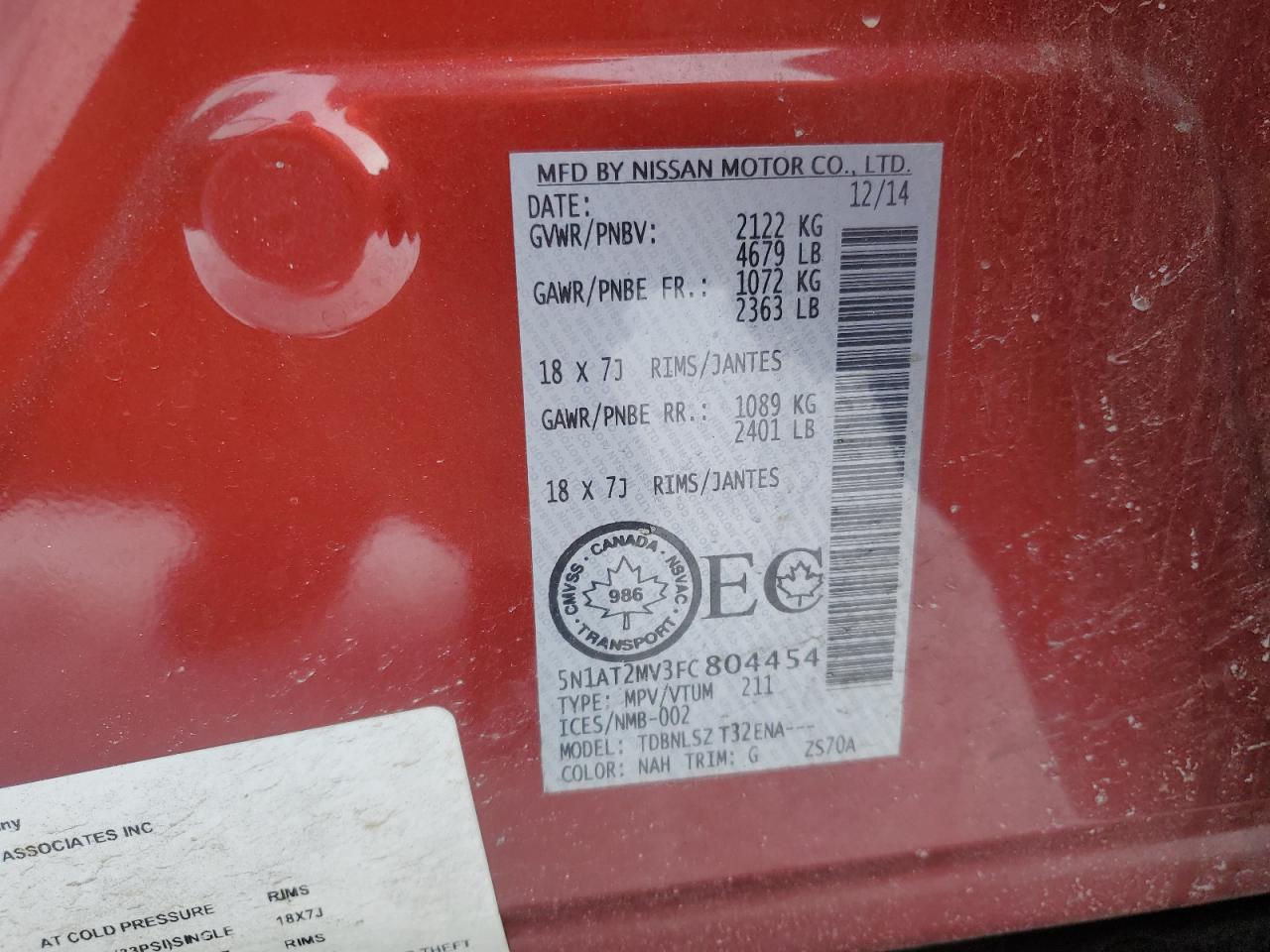 2015 Nissan Rogue VIN 5N1AT2MV3FC804454 Copart auction photo, side damage thumbnail 12