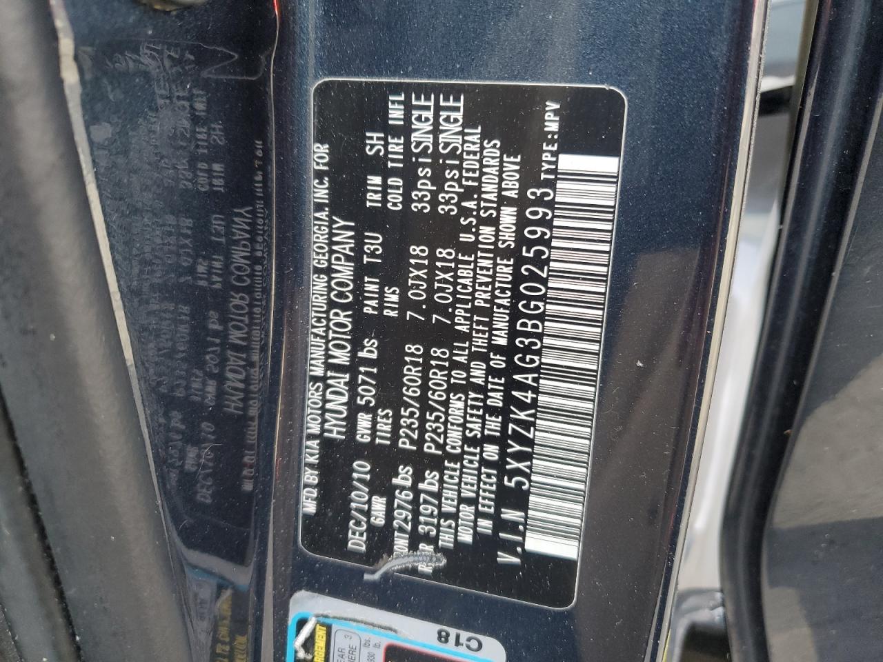 2011 Hyundai Santa Fe VIN 5XYZK4AG3BG025993 Copart auction photo, front end / minor dent/scratches damage thumbnail 13