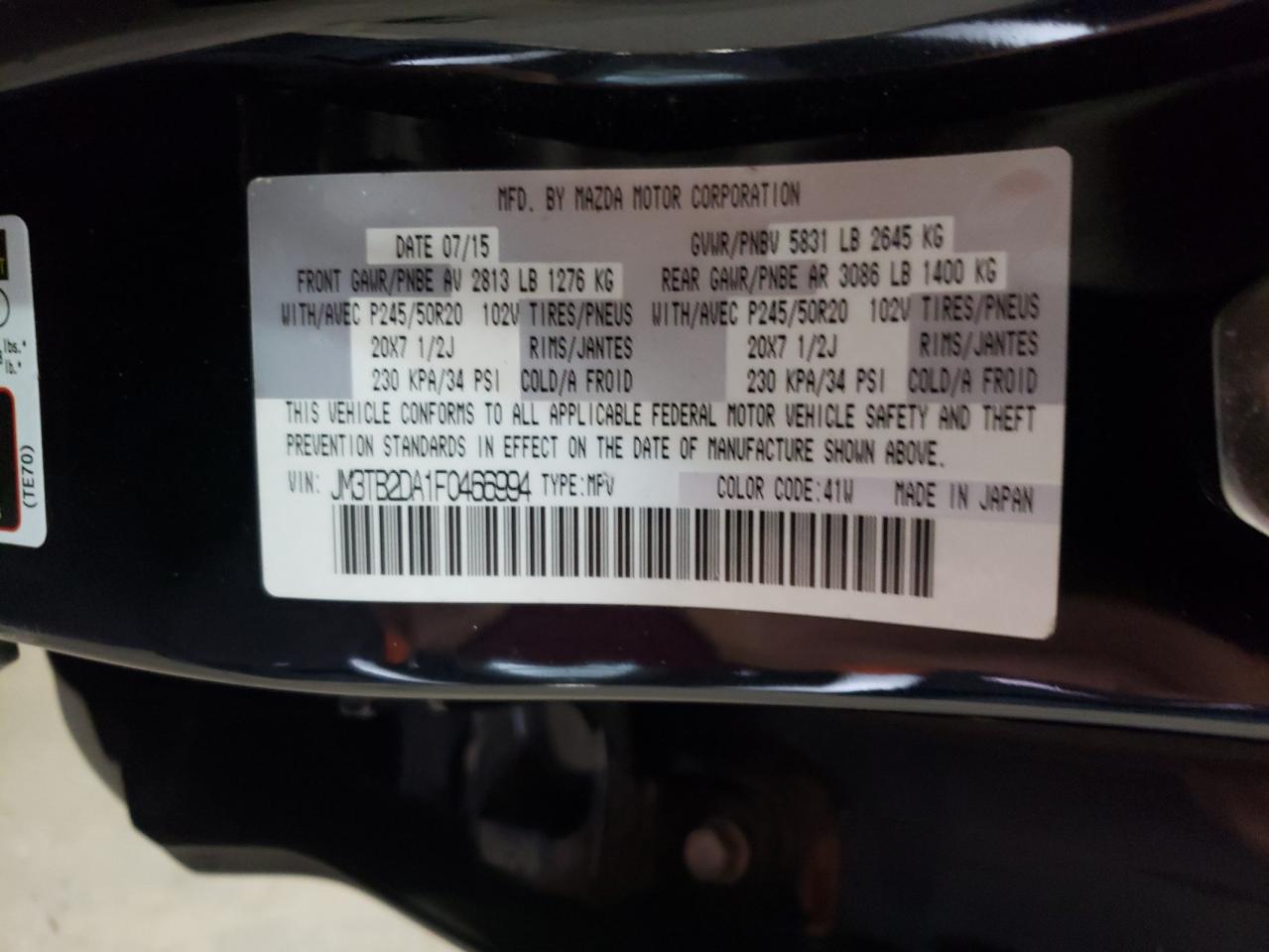2015 Mazda CX-9 VIN JM3TB2DA1F0466994 Copart auction photo, side damage thumbnail 13