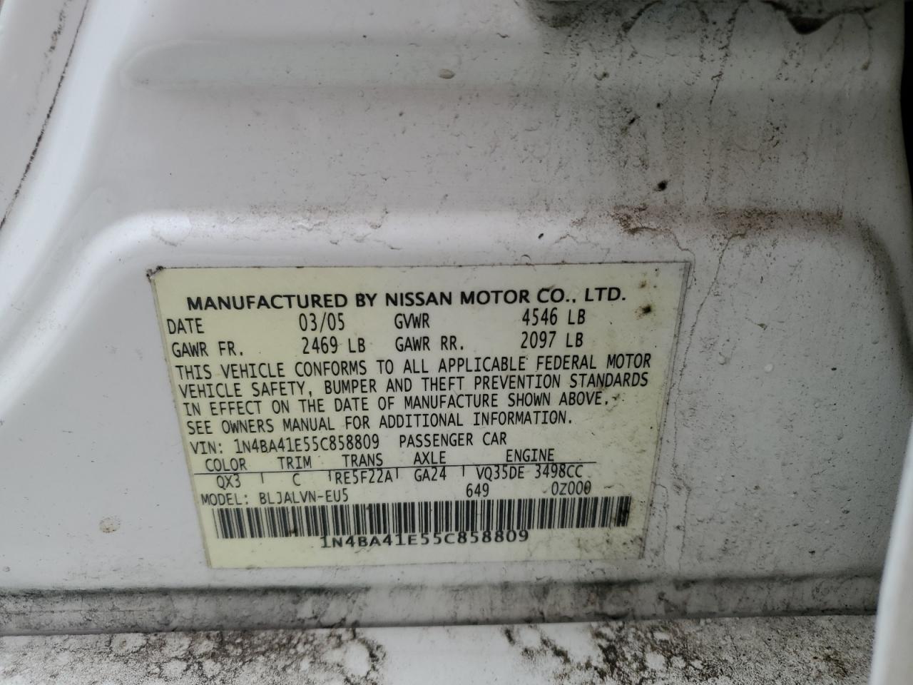 2005 Nissan Maxima VIN 1N4BA41E55C858809 Copart auction photo, side damage thumbnail 12
